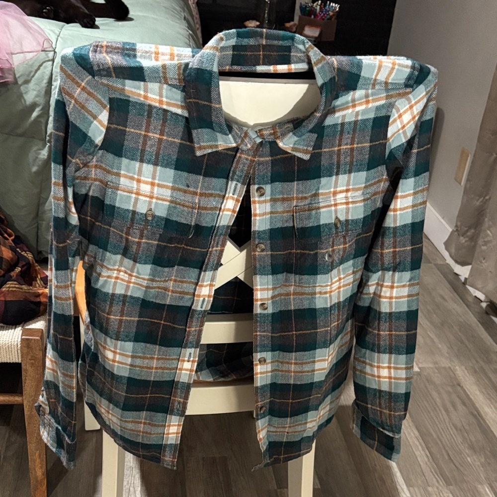 American Eagle Teal, White and Brown Plaid Shirt